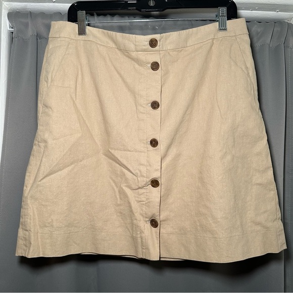 J. Crew Tan Button-Down Light Academia Flared Linen Blend Mini Skirt Size 12 - Picture 1 of 13